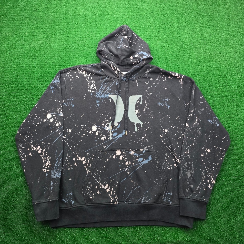 Hurley Hoodie Sweatshirt Mens 2XL‎ Black Blue Splatter Paint Skater Pullover